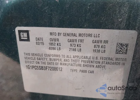 2015 Chevrolet Cruze 1Lt Auto from USA, damaged, VIN 1G1PC5SB3F7208612